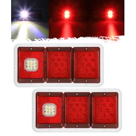 Partsam 2x LED Triple Tail Lights 45 LEDs, Rectangle Vertical or Horizontal Mount LED Trailer Camper RV Tail Lights Stop Turn Tail Backup Reverse Lights Taillights w/White Base - Red/Clear Lens 12V