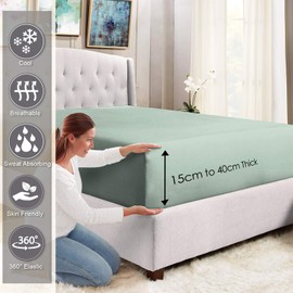 Pizuna 100% Cotton EU Single Fitted Sheet Sea Foam, 400 Thread Count Long Staple Cotton Fitted Sheet Single Bed 100 X 200cm, Sateen Weave Cooling Fitted Sheet Extra Deep 40 cm 1 PC Sea Foam