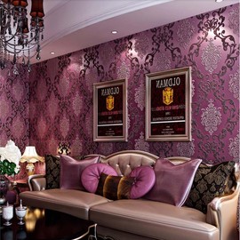 Q QIHANG DAWEI 3D Luxury Damask Pearl Powder Non-Woven Wallpaper Roll for Living Room Red Purple Color 1.73'W x 32.8'L