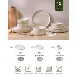 Famiware Nebula Plates and Bowls Sets, 12 Pieces Dinnerware Sets, Dishes Set for 4, Creamy White with Colorful Speckles