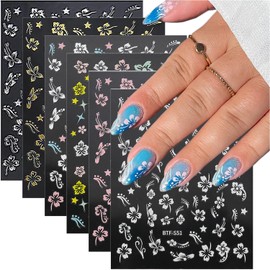 BMKKOT Hibiscus Flower Nail Stickers for Nail Art White Pink Elegant Floral Nail Decals 3D Self Adhesive Nail Art Design Spring Summer Flower Petal Nail Supplies Pegatinas Para Uñas Stickers for Women