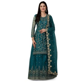 TRENDMALLS Women's Mono Net Kurta Lehenga Suit Set (TM.G112-Morpeach-XXL), Teal Blue