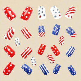 Independence Day Press on Nails Medium Square 4th of July Fake Nails Flag Patter False Nails Full Cover Glossy Stick on Nails Reusable Acrylic Nails for Women Manicure Art 24 Pcs