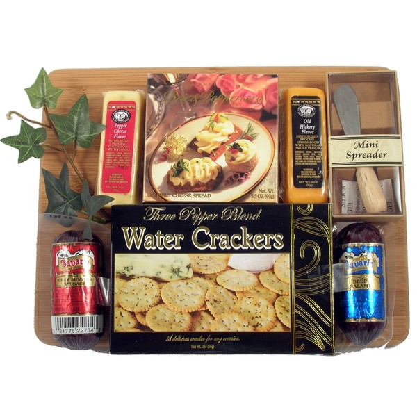 Gift Basket Village Board Of Directors Meat & Cheese Gift Arranged On Durable Bamboo Cutting Board With Sausage, Cheese and Crackers & A Spreader, Small, 8 Piece Set