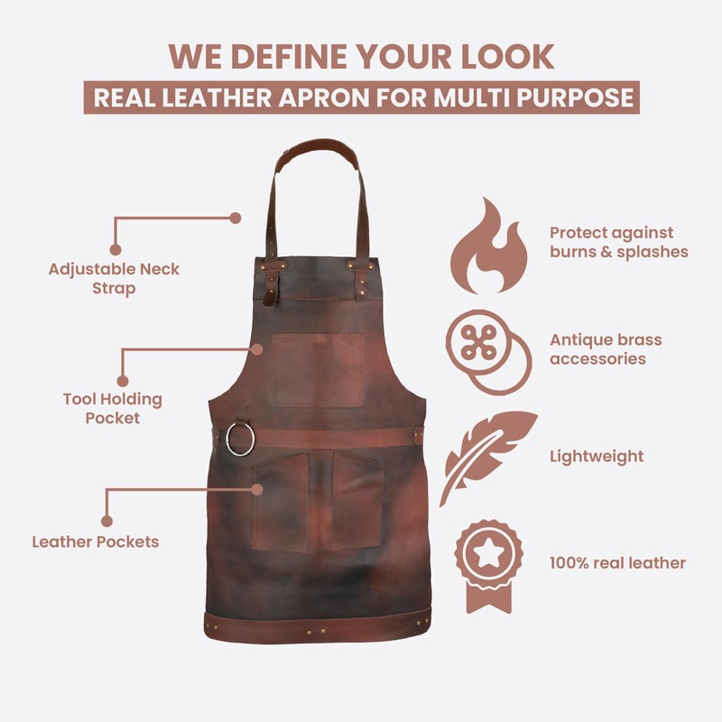 Leathershire Dark Brown Full Grain Leather Apron Butcher Apron -Cook