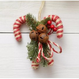 Unbranded NEW Farmhouse CANDY CANE Christmas Ornament Twine Rusty Bells 4.5"Hx4.5"Wx1.
