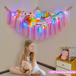 FIOBEE Stuffed Animals Net or Hammock with LED Light, Toy Hammock Hanging Stuffed Animals Storage Organizer Holder Room Décor for Nursery Kids Bedroom