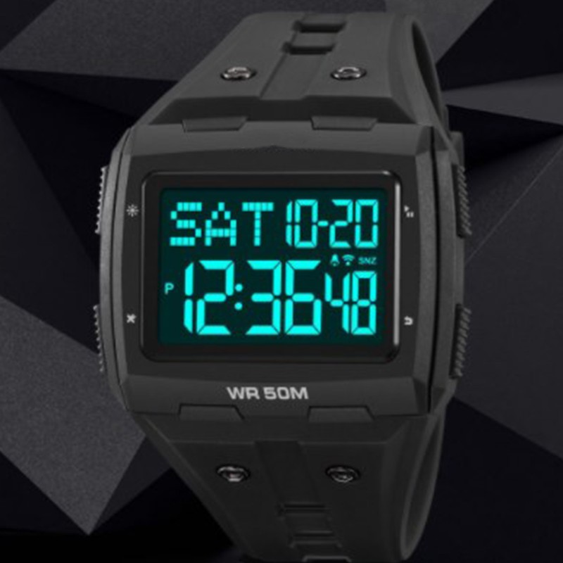 Digital Sports Watch Dual Time Display Night Light Adjustable TPR