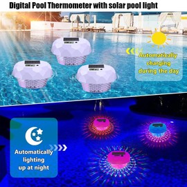 Digital Pool Thermometer Floating Easy Read, Solar Pool Light with Extra-Large Screen Temperature Thermometer, Colorful Light, IP68 Waterproof LED Lighting Decor for Hot Tub Garden Party