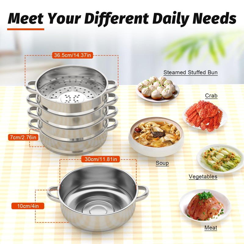 5-Tier Steamer Pot for Cooking, 11.8 Inch Steam Pots with