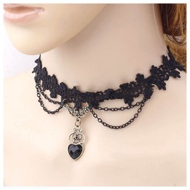 Inilbran Boho Black Lace Choker Necklace Vintage Crystal Heart Necklace Choker Gothic Lace Necklace Punk Lace Collar Necklace Chain Retro 90s Choker Necklace Jewellery for Women