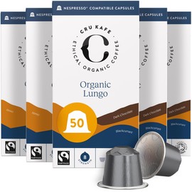 Cru Kafe Lungo Espresso Strong Organic Espresso Coffee Capsules (50 Pods) Compatible with Nespresso OriginalLine, Krups, Inissia, CitiZ, Pixie, KitchenAid and Expert