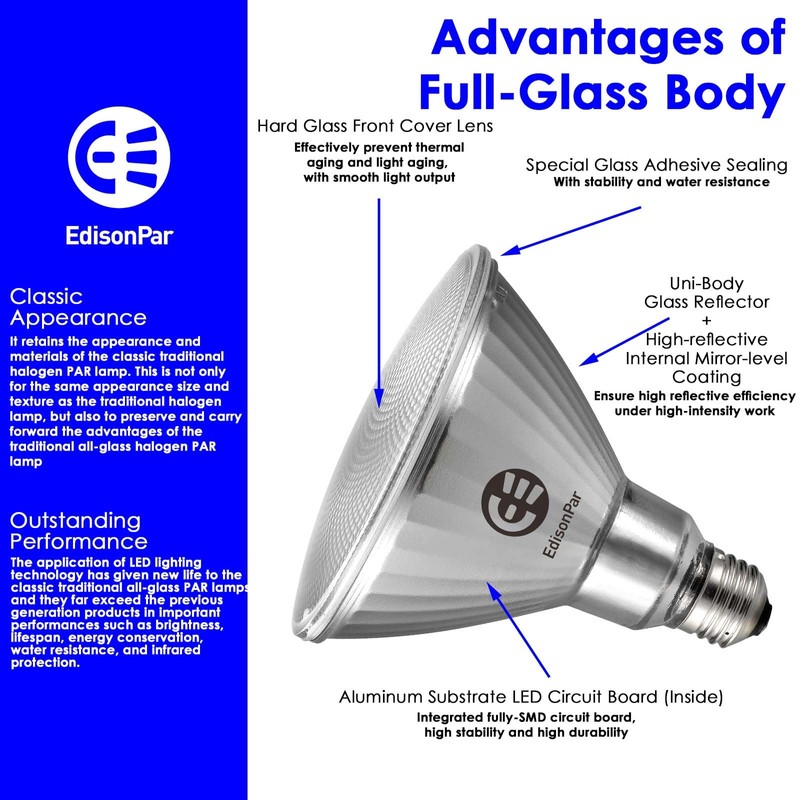 EdisonPar Full-Glass PAR38 LED Flood Light Bulbs Outdoor/Indoor Equivalent 300