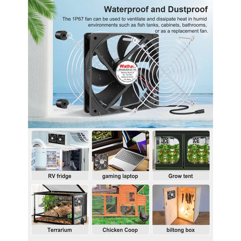 Wathai 120mm x 25mm Waterproof Small Box Fan IP67 12V