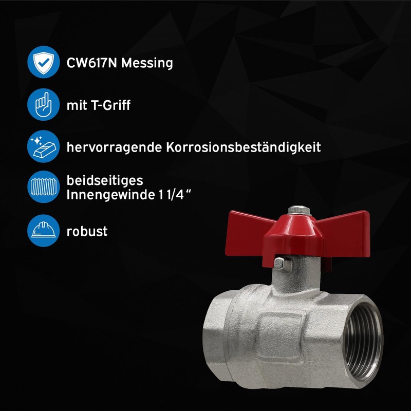 kör4u Ball Valve Brass with T-Handle Red on Both Sides