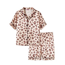 Topgal Big Girls Pajamas Size 6/7 – Lovely Brown Leopard Short Sleeve & Shorts Button Down PJ Set Sleepwear