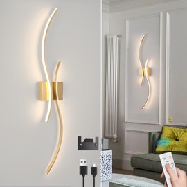 CANEOE Battery Operated Wall Sconces with Remote Control,10000mAh USB Rechargeable Gold Wall Light,3000K-6000K LED Wireless Wall Lamp for Bedroom,Hallway,Background Wall,31.5inch,1 Pack
