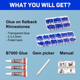 7500Pcs Blue Rhinestones Flatback with b-7000 Jewelry Glue for Crafts Clothing Clothes Fabric Tumblers, Royal Blue Flat Back Gems, Dark Blue Crystals Diamonds Different Sizes 6/10/16/20 ss, Non Hotfix