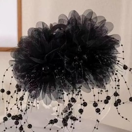 iRIIRIO 1pc Large Hair Claw Clips with Oversized Floral Bows Beaded Tassel Pearls Hair Clips Accessroies for Women Girls Thick Hair (Black)