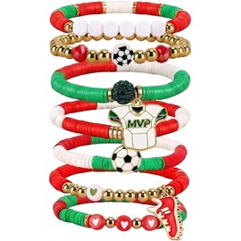 Set de 7 Pulseras de Fútbol, Deportes Elásticas Apilables, con Dijes y Balón, Colores Rojo, Verde y Blanco, para Fanáticos, Día del Partido Esenciales y Equipo del Equipo