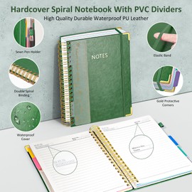 Hardcover Spiral Notebook Journal with Removable PVC Dividers - 8'' x 10'' Large 300 Pages B5 Hardcover Leather Lined Journals Notebook with Tab for Work Note Taking Office Home School Supplies, Green