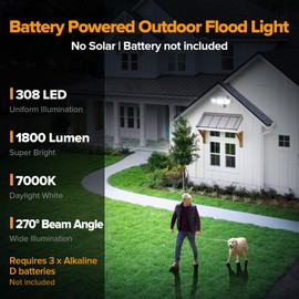 UME Battery Powered Motion Sensor Outdoor Lights 302 LED 1800LM, IP65 Waterproof Battery Operated Flood Lights Outdoor, 3 Heads Security Motion Light with 3 Modes for Garden Patio Yard, 2 Pack (White)