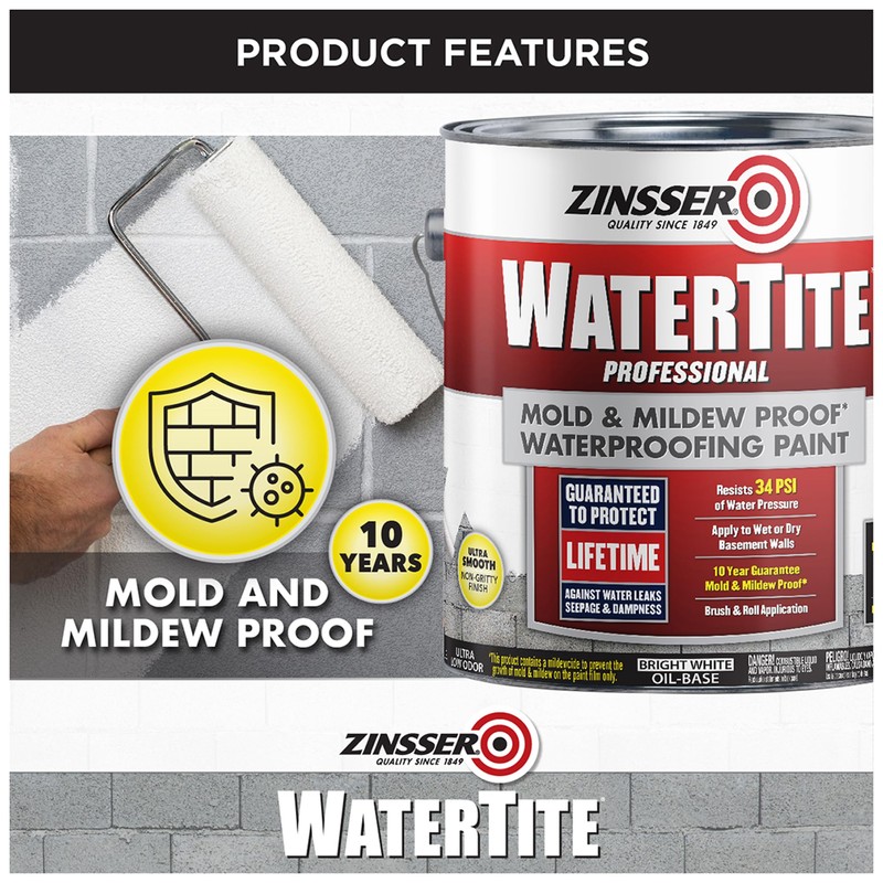 Zinsser 5001 WaterTite Professional Waterproofing Paint, Gallon, White