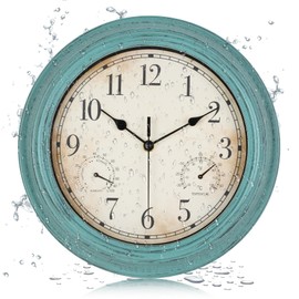 LENAUQ Outdoor Garden Wall Clock, Waterproof Vintage Wall Clock with Thermometer And Humidity, 12 Inch/30cm Non-Ticking Weatherproof Hanging Clock for Patio, Pool, Porch, Garden, Bathroom, Turquoise