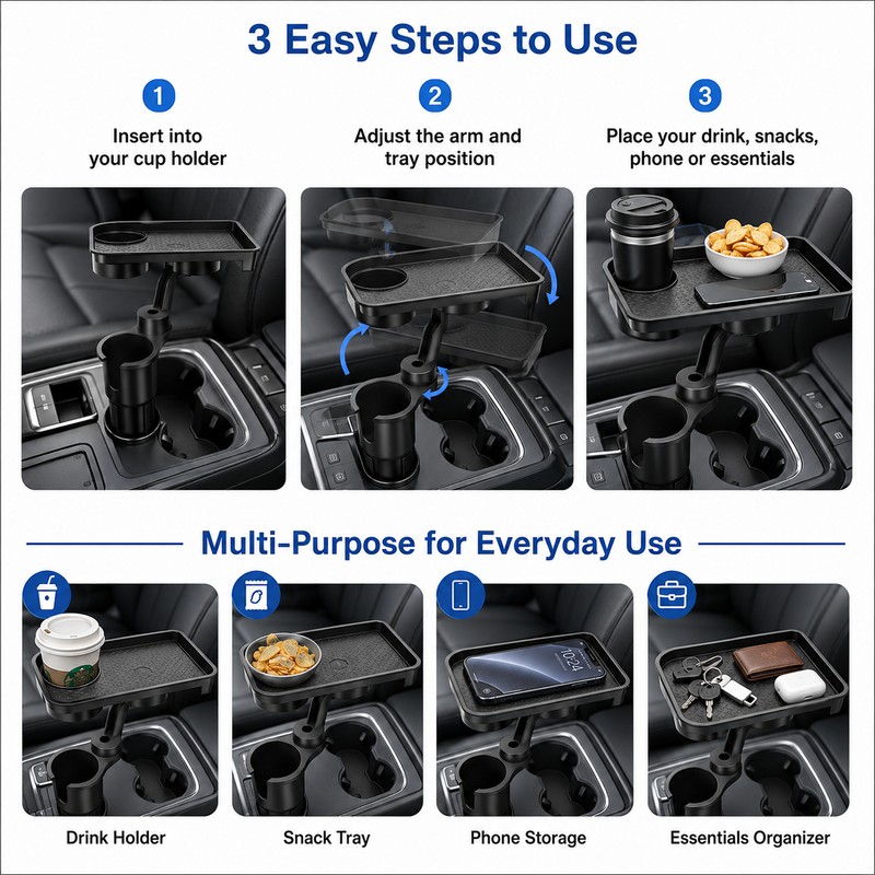 Car Cup Holder Expander with Food Tray – 360° Adjustable
