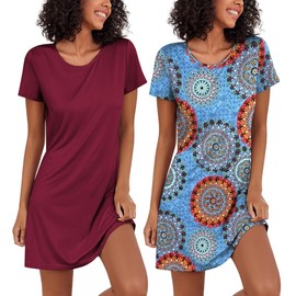 Ekouaer Ladies Nighties Nightshirts for Women Short Sleeve Nightie Comfortable Sleepwear Cotton Nightdress Nighties Multipack, Blue Boho+Maroon, XXL