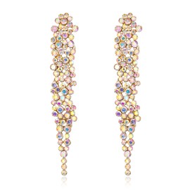 EVER FAITH Wedding Rhinestone Crystal Art Deco Statement Earring, Banquet Prom Long Chandelier Dangle Earrings for Woman Bride Iridescent AB Gold-Tone