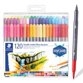 Staedtler bolígrafos de punta de fibra de doble punta, tinta lavable, puntas de escritura fina y negrita, 120 colores surtidos, 3200 TB120, multicolor (3200 TB120ST)
