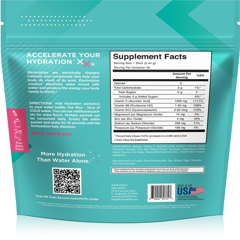 Electrolyte Powder Sugar-Free Hydration Packets Strawberry Lemonade HydroMATE 16 Sticks