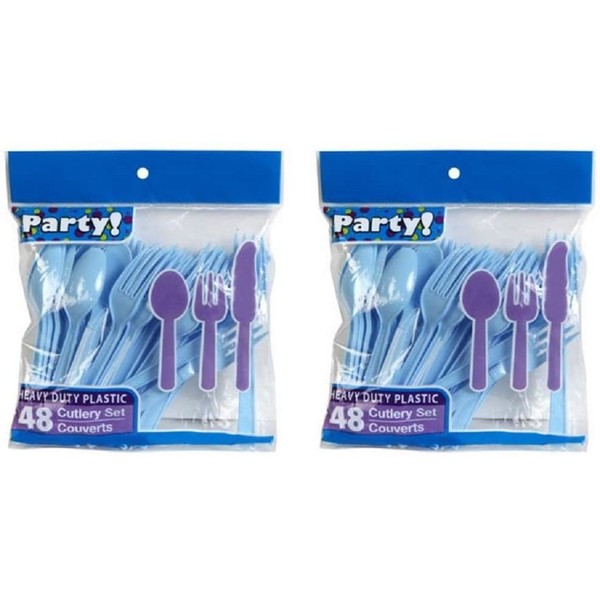 Heavy Duty Plastic Cutlery Set in Baby Blue - 32 Spoons, 32 Forks, 32 Knives - Light Blue