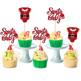 24 piezas de adornos de Navidad de Papá Noel para cupcakes con purpurina, para Navidad, baby shower, revelación de género para niños, niñas, fiesta de cumpleaños, decoración de pasteles