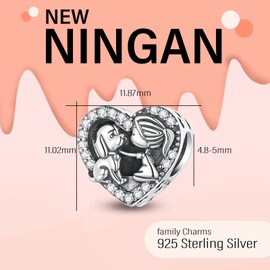 NINGAN 925 Sterling Silver Heart Charm Bead for Jewelry and European Bracelets, Cubic Zirconia, Cubic Zirconia