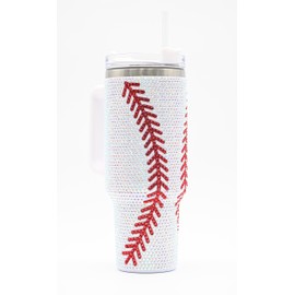 SEM LIFE 40 Oz Rhinestone Bling Tumbler with Handle and Straw (BASEBALL), Stainless Steel and Double Wall Insulated