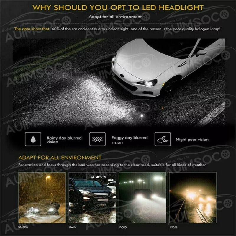 AUIMSOCO 2x 9006/HB4 LED Combo Headlight Bulb Kit Low Beam