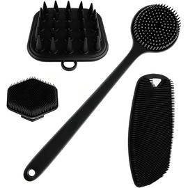 Set de Cepillos Corporales de Silicona de 4 Piezas, Con Empu?adura Antideslizante para un Poder de Limpieza Superior y Cerdas Suaves para Limpiar y Masajear Cada Parte de Su Cuerpo. (Black)