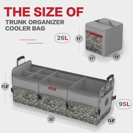 LIBZAKI Car Trunk Organizer,3 Compartments Big Trunk Storage, Large Capacity, Foldable, 95L Heavy Duty Storage Box for Car, SUV, Truck,Jeep, Includes 26L Cooler Bag -Gray Camouflage