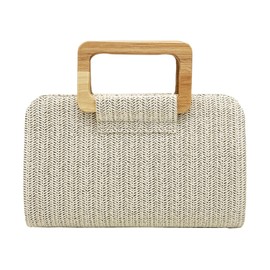 U·helper Straw Clutch Purse, Woven Evening Handbag with Wooden Handle, Summer Beach Crossbody Bag, Women Boho Vacation Pouch (Beige)