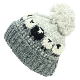 LOUDelephant Wool Knitted Bobble Hat with Sheep Design, gray, Einheitsgröße