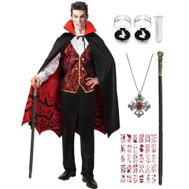 Vampire Costume Men Adult Gothic Medieval Royal Vampire Cape with Victorian Ruffle Shirt Cane Teeth Necklace Tattoo Stickers Accessories OU080M