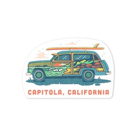 Die Cut Sticker Capitola, California, Woody with Surfboard, Contour Vinyl Sticker 3 to 6 inches, (Waterproof Decal for Cars, Water Bottles, Laptops, Coolers), Large