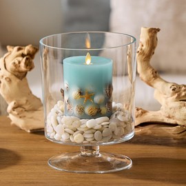 Luminara Flameless LED Candle Soft Teal Embedded Seashell & Starfish Moving Flame Pillar Unscented Real Wax with Recessed Edge, Timer (4.5-inch)