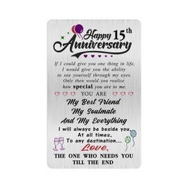 Alotozo 15 Year Wedding Anniversary Card - Engraved Wallet Card for Him & Her - Happy 15th