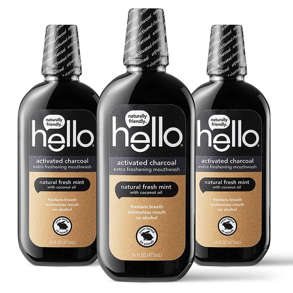 Hello Oral Care Activated Charcoal Extra Freshening Fluoride Free and Alcohol Free Mouthwash with Natural Fresh Mint and Coconut Oil, 3 Count