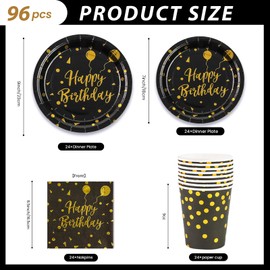 96 Pieces Black and Gold Party Tableware, Happy Birthday Black Gold Birthday Party Tableware Cups Napkin Paper Plates Set for Girls Children Table Decoration 24 Guests