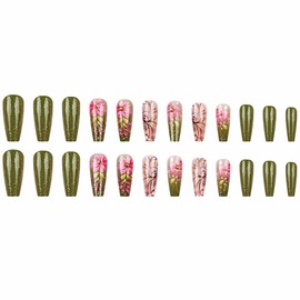 MERVF Coffin Press on Nails Long Fake Nails Green Glitter French Tip Glue ons Flower Art Design Acrylic Ballerina False Nail Supplies DIY Glossy 24pcs Glossy