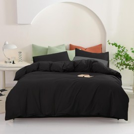 Pureant Black Comforter Queen Solid Color Bedding Set Pure Black Queen Comforter for Women Men Soft Breathable Dark Color Comforter Set 3 Pieces Lightweight Adults Queen Size Bed